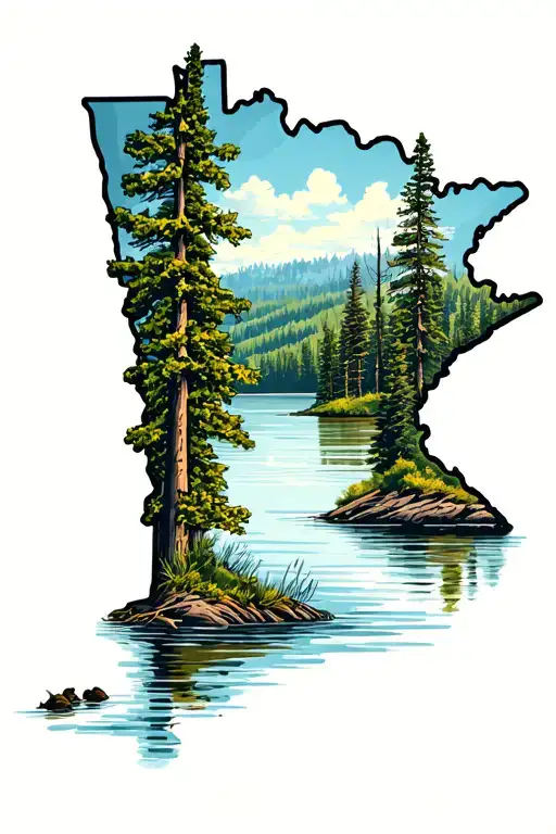 State Of Minnesota Outline With Wilderness Lake Scene