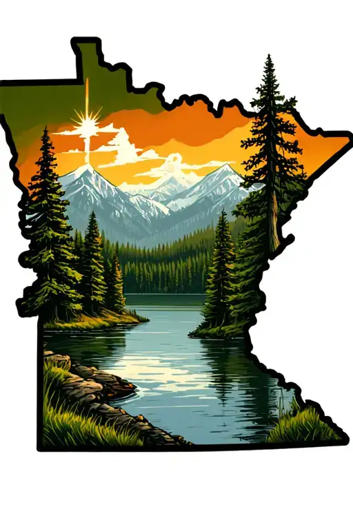 State Of Minnesota Outline With Wilderness Lake Scene