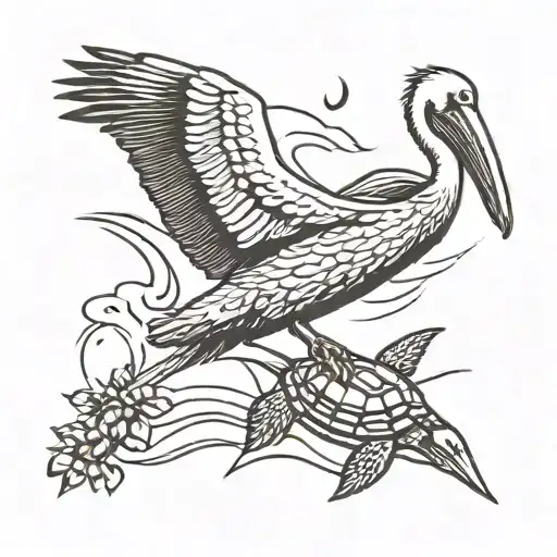 Pelican And Turtle Swimming