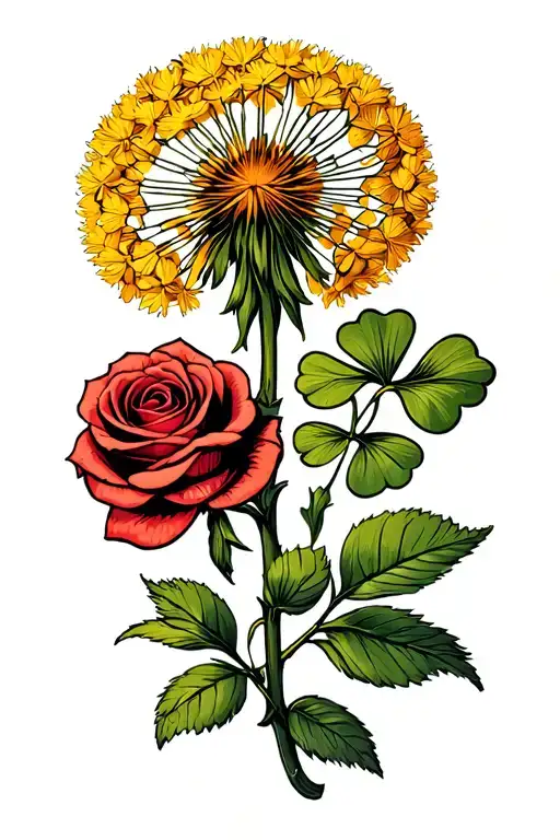 Dandilion With A Shamrock And Rose