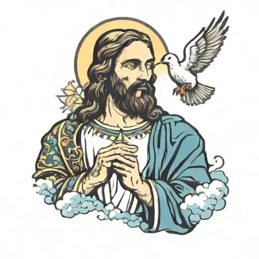Jesus Praying With Clouds And Doves Flying
