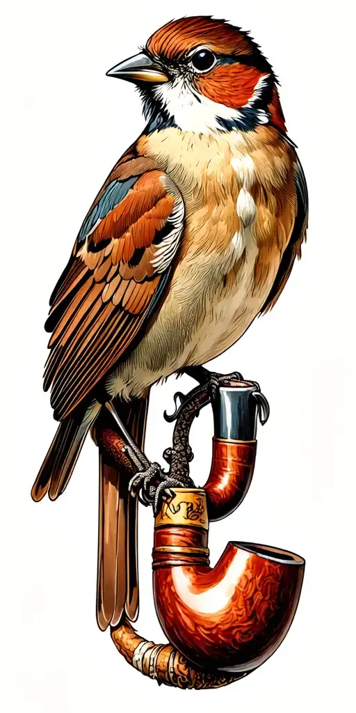 A Sparrow Perched On A Devil Anse Tobacco Pipe In A Traditional Style