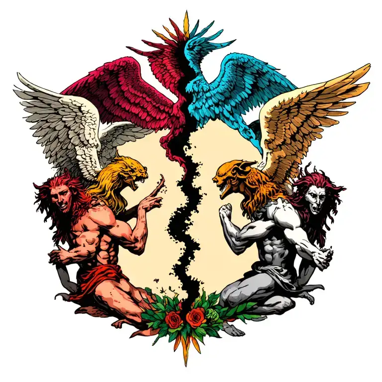 Multiple Angels Vs Multiple Demons Demons Split In The Middle Of The Back American Traditional