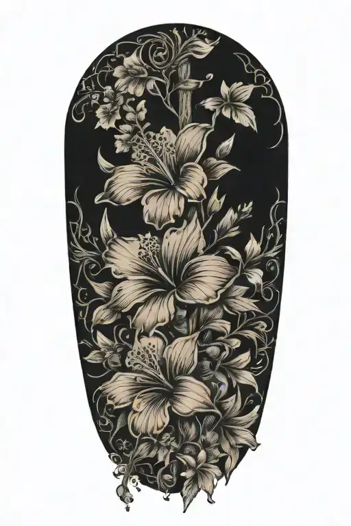 Sleeve From Wrist To Elbow With Hibiscus Flowers And Sakura Flowers With Blank Cross
