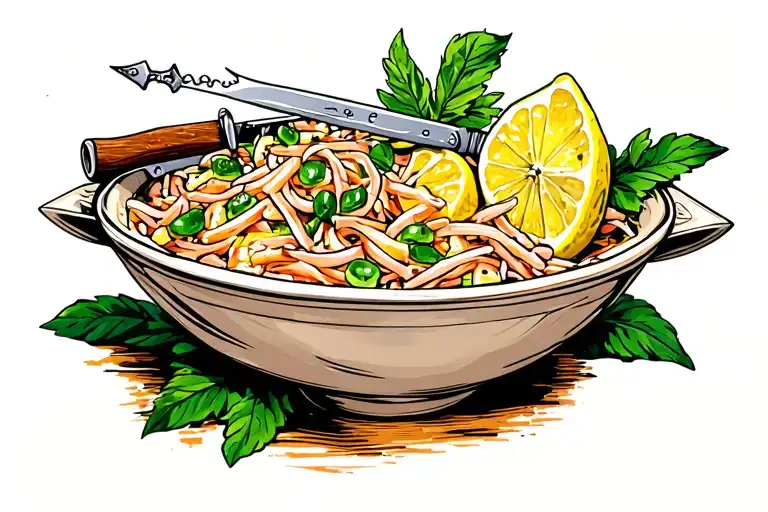 A Bowl Of Ceviche With An Old School Dagger Stuck In A Lemon