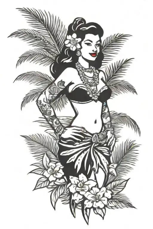 Hula Girl Pin Up With Tattoos Standing With Palm Tree