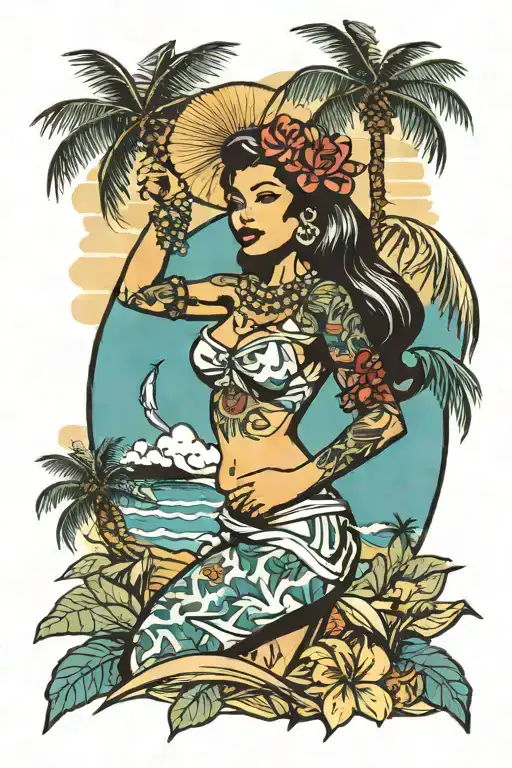Hula Girl Pin Up With Tattoos Standing With Palm Tree In Color