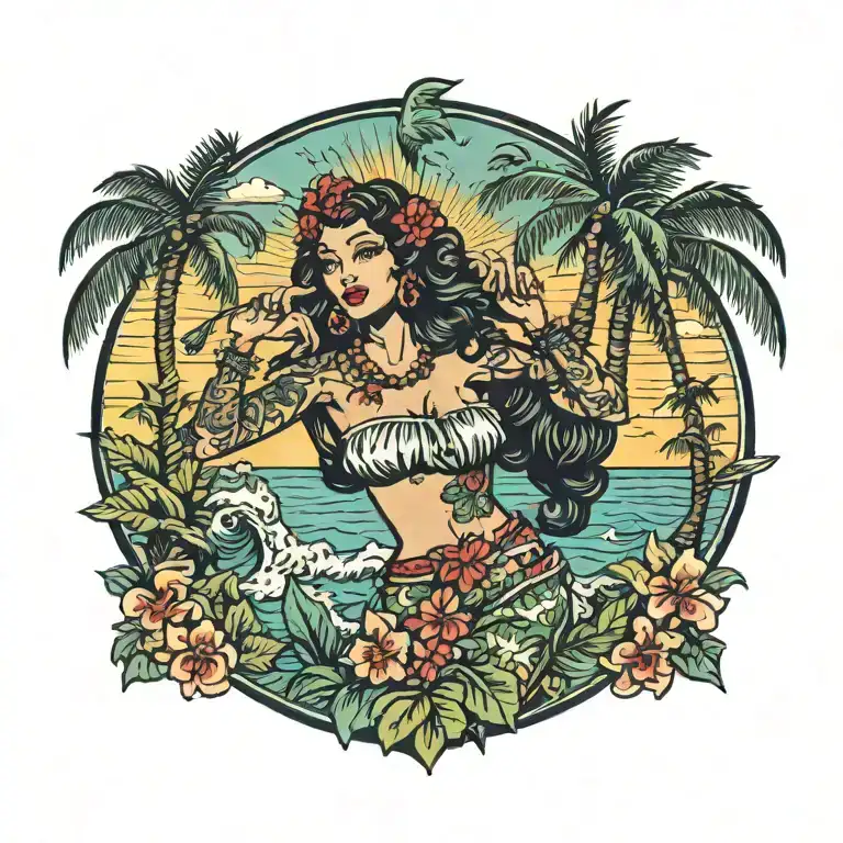 Hula Girl Pin Up With Tattoos Standing With Palm Trees And The Ocean In Color
