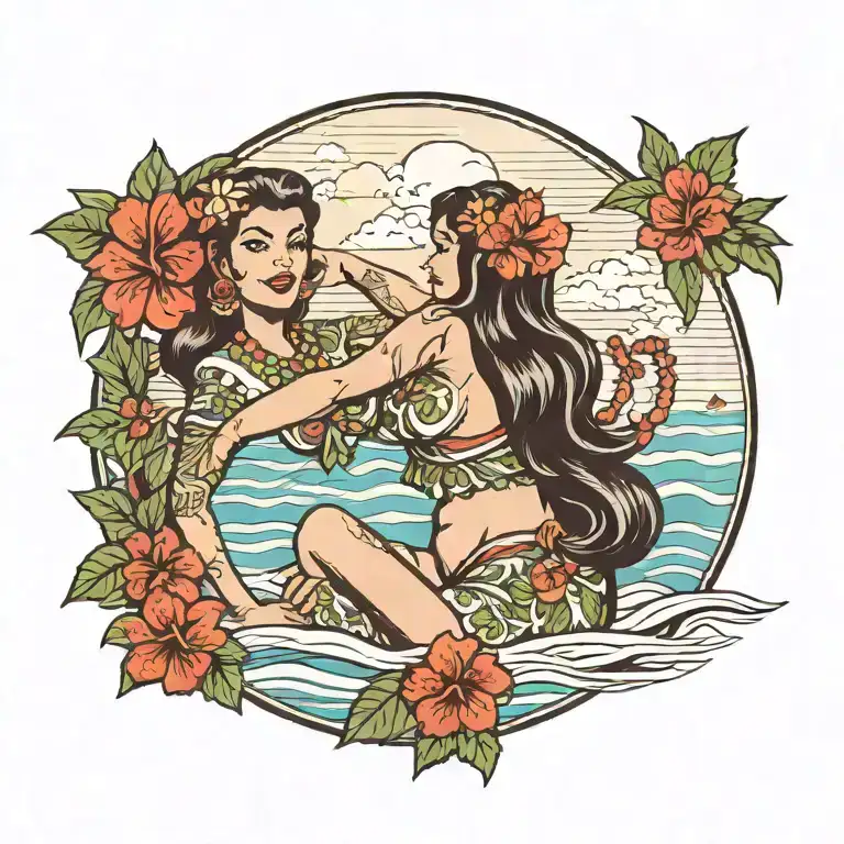 Hula Girl Pin Up With Tattoos On A Beach