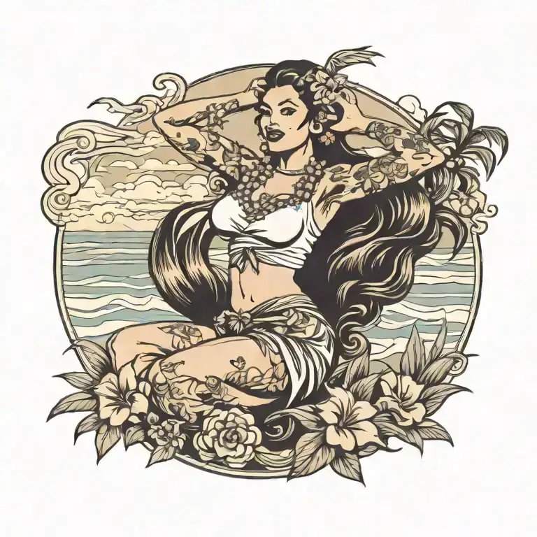 Hula Girl Pin Up With Tattoos On A Beach