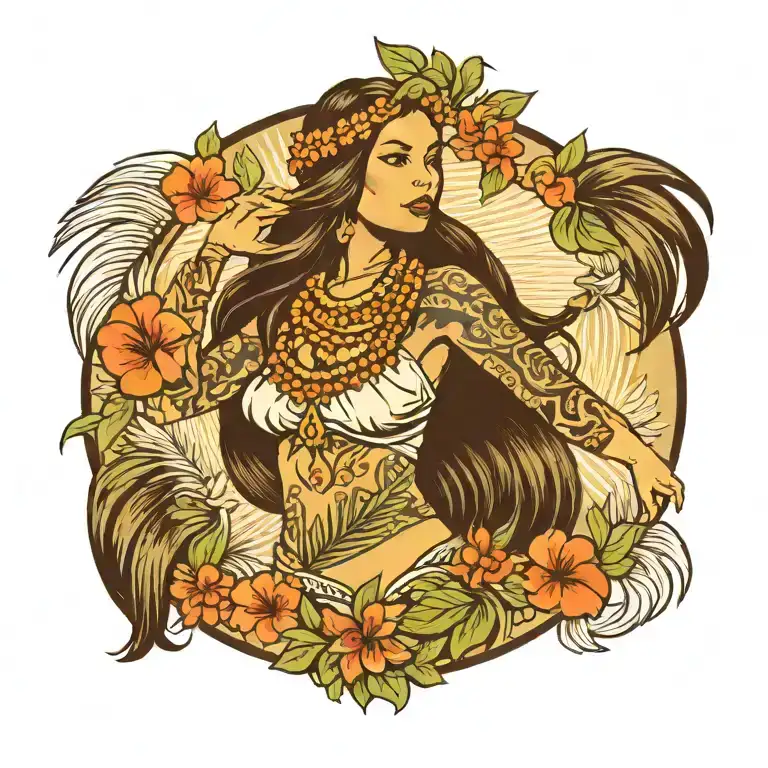 Hula Girl Standing With Tattoos With Long Hair With Head Dress