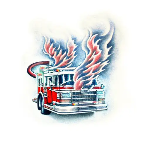 3 Fire Engines Emerging From A Wall Of Smoke And Flames