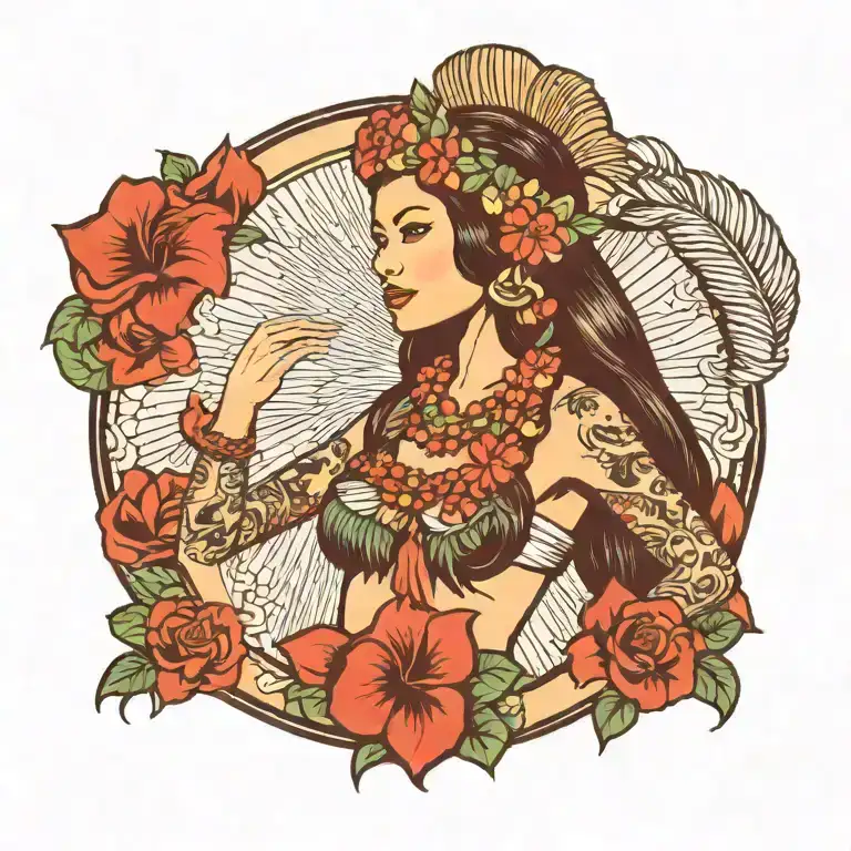 Hula Girl Standing Sexually With Tattoos And Head Dress
