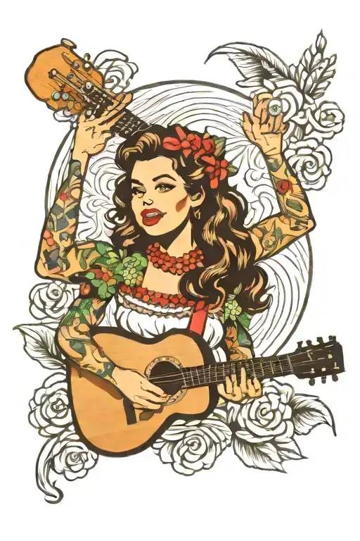 Hula Pin Up Girl Holding Ukulele