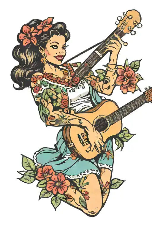 Hula Pin Up Girl Holding Ukulele