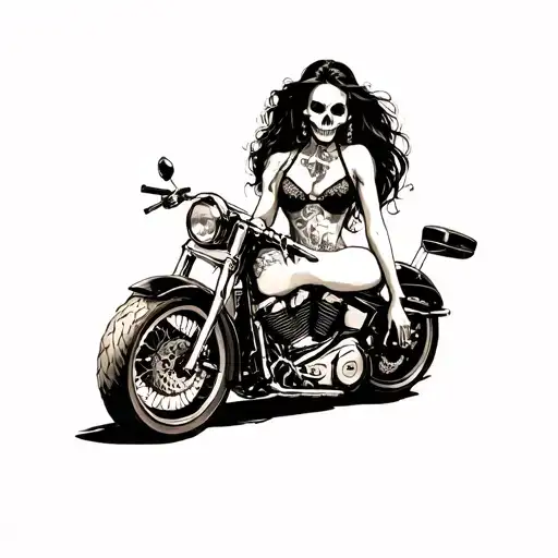 Skulls Sexy Harley Davidson Motorcycle Girl Sitting