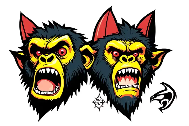 Yellow Angry Ape Head With Red Eyes And Pointy Ears