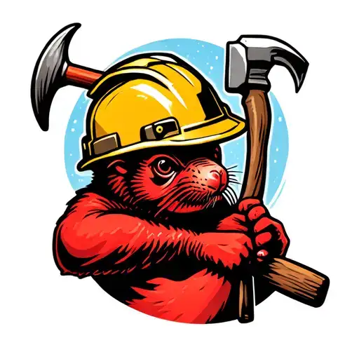 A Red Seal Wearing A Yellow Hardhat Holding A Hammer