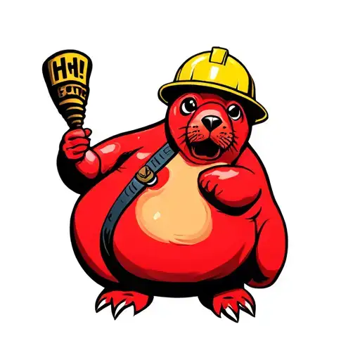 A Fat Red Seal Wearing A Yellow Hardhat Holding A H I N
