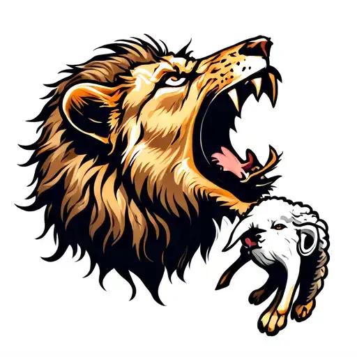 A Lion Roaring With A Lamb-head In Its Mouth Open