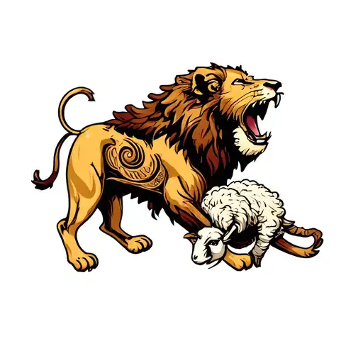 A Lion Roaring With A Lamb-head In Its Mouth Open