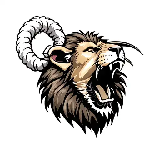 Front View Of A Lion Head Roaring With A Lamb-head In Its Mouth Open