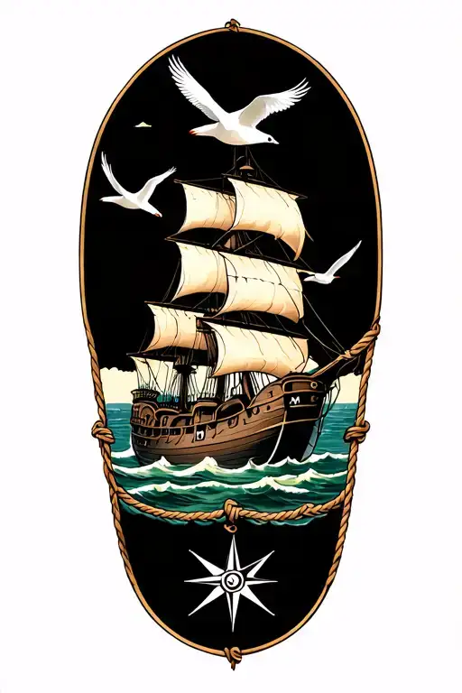 Pirate Ship Framed In Rope With Seagulls And A Compass