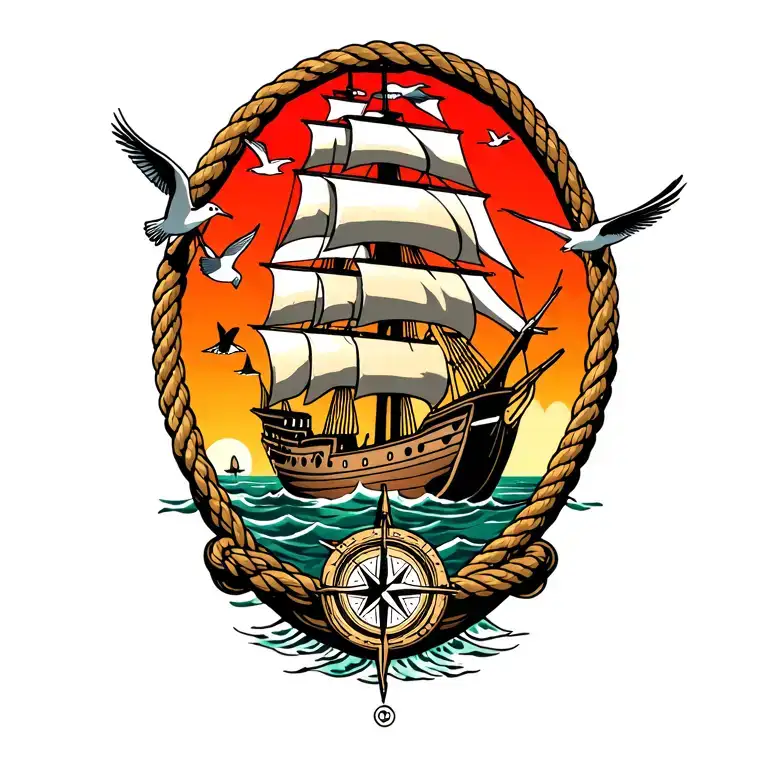 Pirate Ship Framed In Rope With Seagulls And A Compass