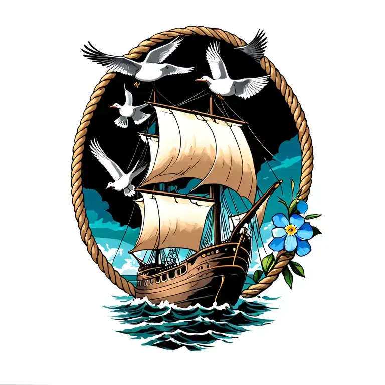 Pirate Ship Framed In Rope With Seagulls And A Forget Me Not Flower