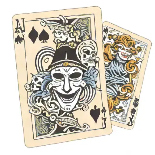 A Deck Of Cards With 4 Ace Cards Split With 2 Jokers And A Jester Mask With A Laughing Face