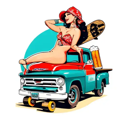 Pin Up Girl Beer Skateboard Surfboard Chevy Truck Dickies Vans Bandana