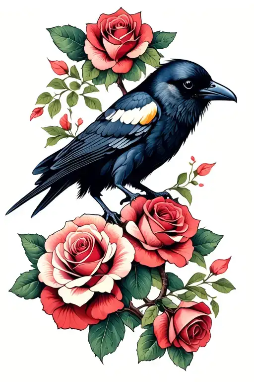 Crow With Roses Blooming