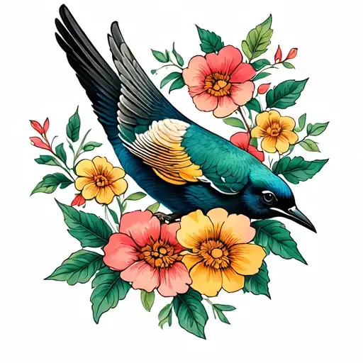 Bird With Flowers And Leaves Around It