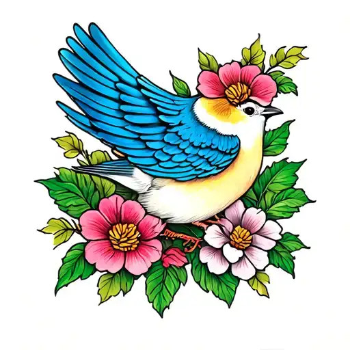 Bird With Flowers And Leaves Around It