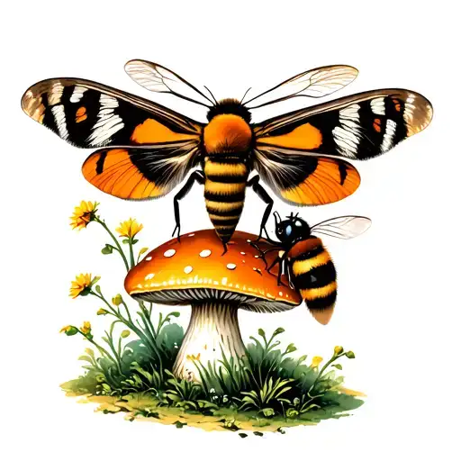 A Brown And Orange Moth And A Bumblebee Sitting On A Mushroom