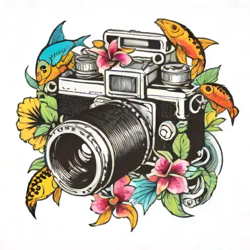 A Vintage Camera Surrounded By A School Of Vibrant Tropical Fish