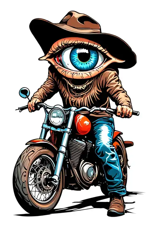 Biker With Eyeball For A Face Riding A Motobike