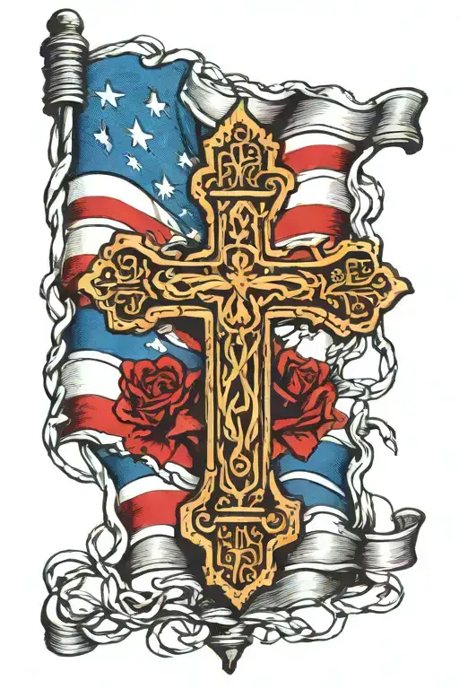 Orthodox Cross With Barb Wire And A Russian Flag Intertwined