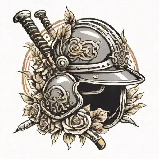 Create A Tattoo Of A Raider Helmet Surrounded By Golf Clubs In A Traditional Style