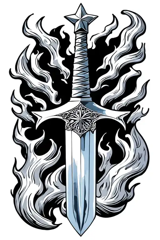 A Sword With An Eight-pointed Star At The Top Of The Hilt And Silver Flames Around It