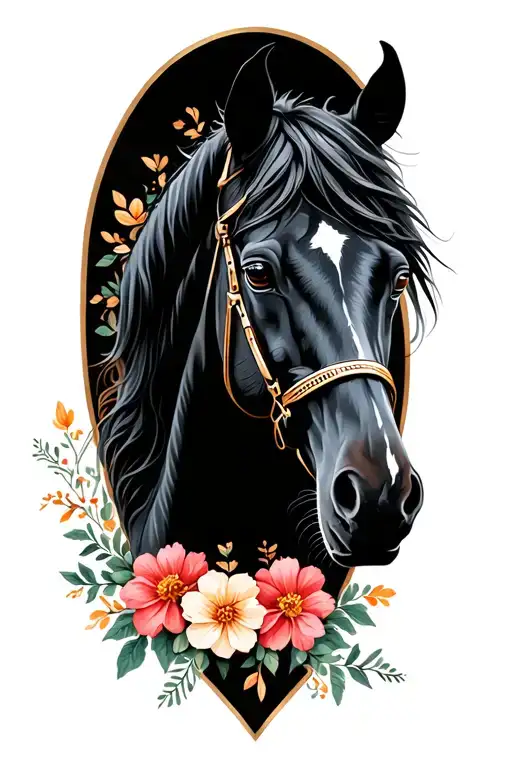 Black Horse With Flowers