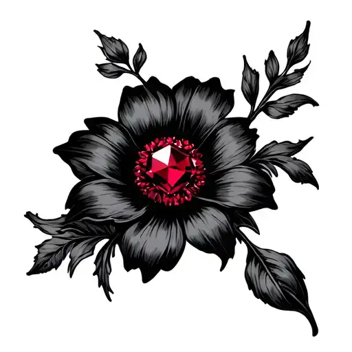 Deep Red Gemstone Serving As Center Of A Black Flower