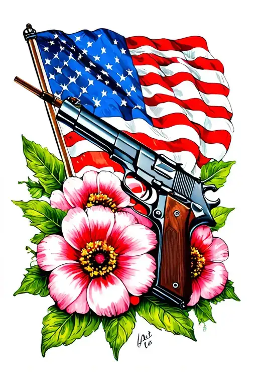 Flowers With Gun And Nature With American Flag