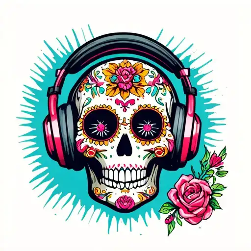 Sugar Skull Wearing Headphones