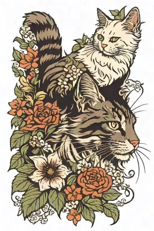 Maine Coon And White Cat In Flowers
