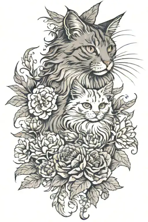 Gray Mainecoon And White Cat In Flowers