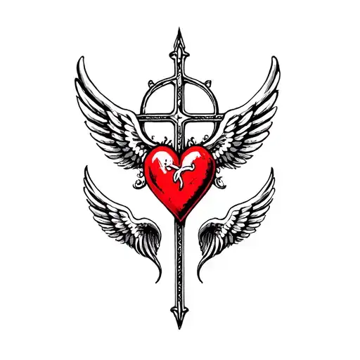 Cross Tattoo With Heart And Wings Behind