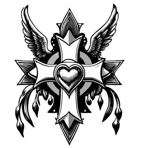 Cross Tattoo With Heart And Wings Behind