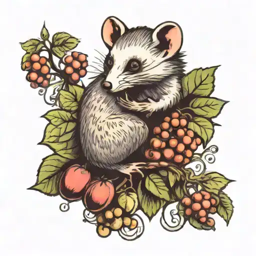An Opossum Holding Grapes With Floral Nature And Mushrooms