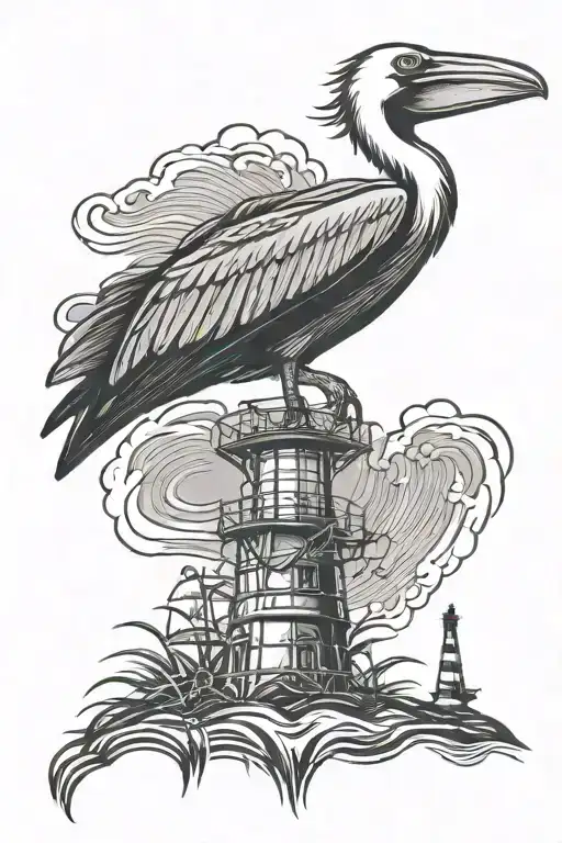 Pelican With Lighthouse Standing Tall